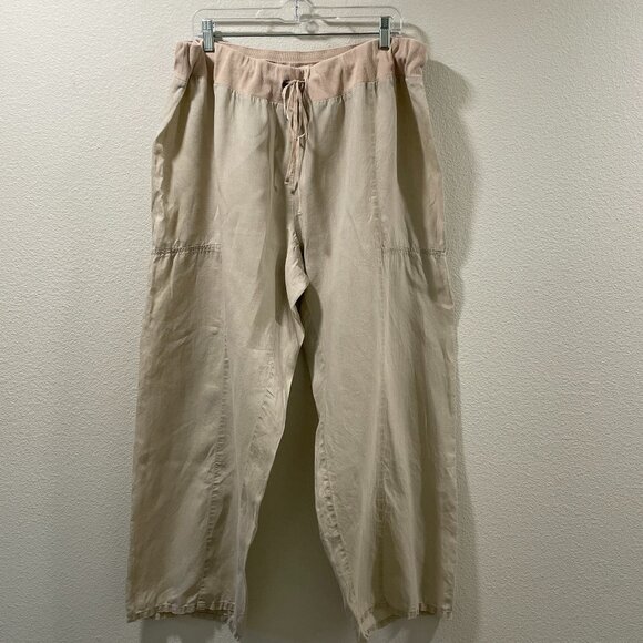 (NEW) EILEEN FISHERWide Leg Linen Elastic Drawstring Lantern Pants, Khaki - 2